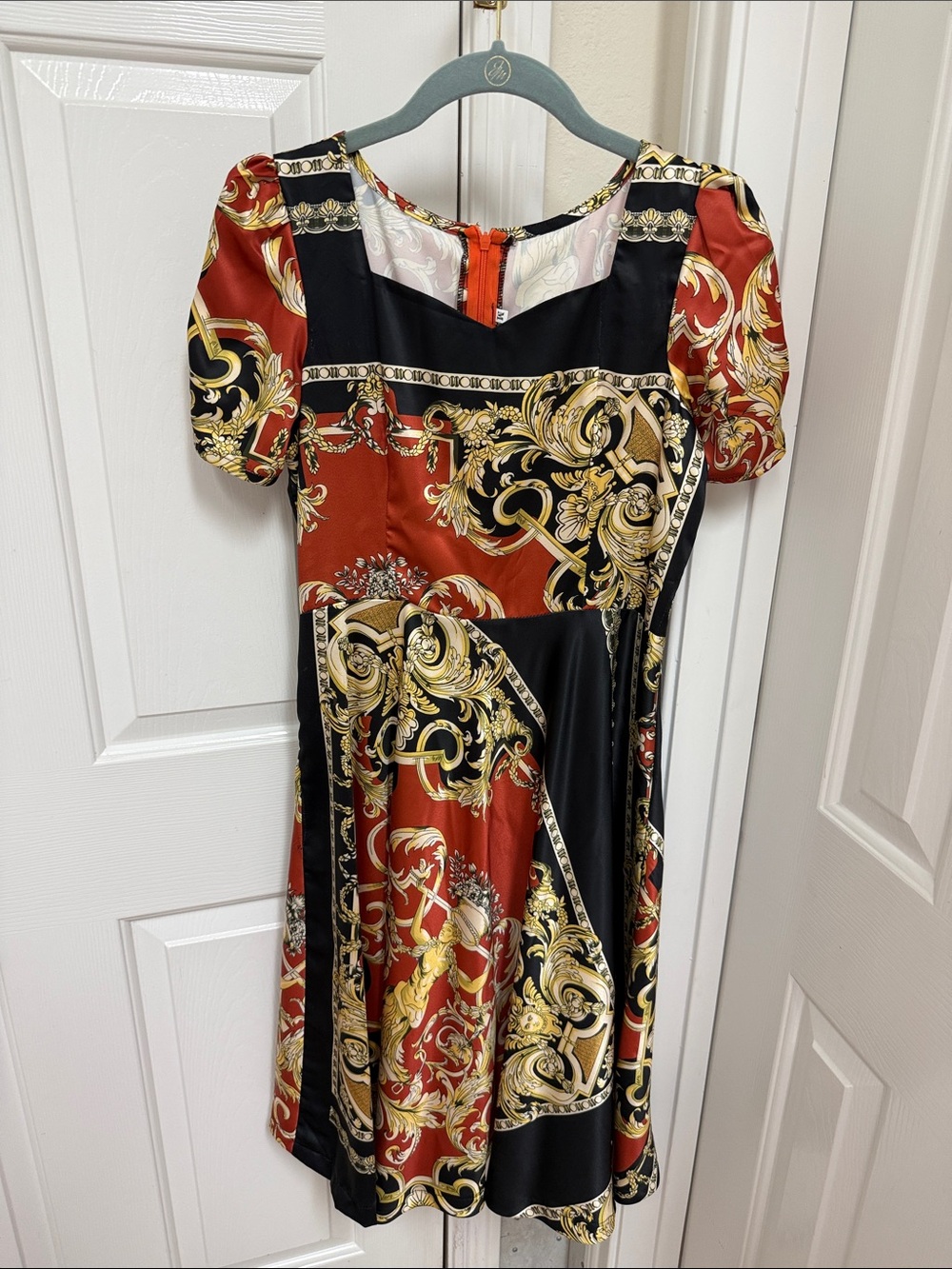 Women's Red and Black Baroque Print A-Line Dress